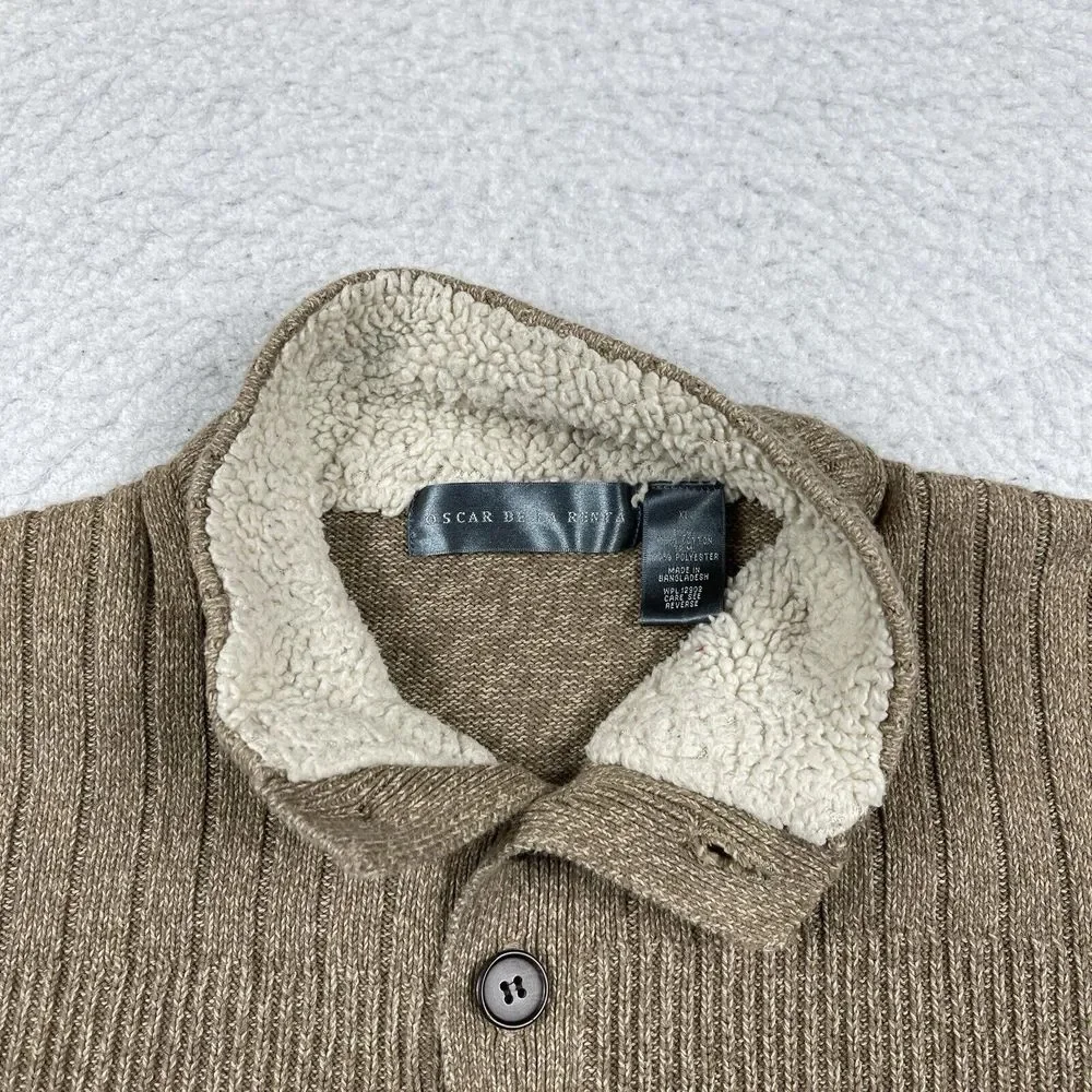 Oscar De La‎ Renta Sweater Mens XL Brown Sherpa Collar Pullover Preppy Workwear